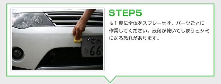 STEP5　※一度に全体をスプレーせず、パーツごとに作業してください。液剤が乾いてしまうとシミになる恐れがあります。